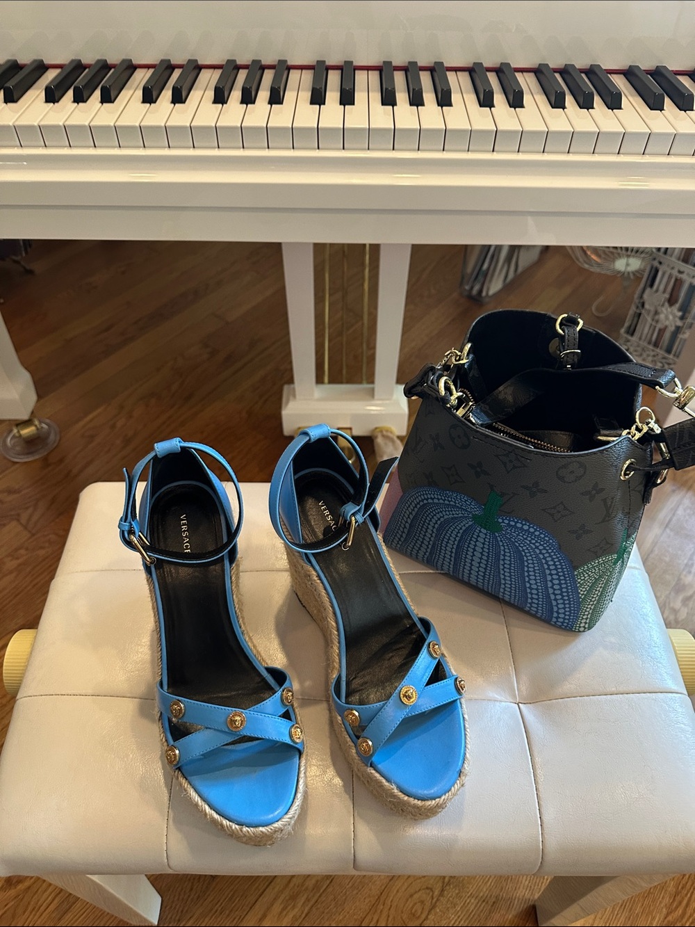 Versace Bright Blue Leather Ankle-Strap Wedge Sandals with Gold Medusa Buttons
